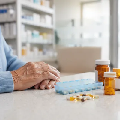 Older Hands Beside Weekly Pill Organizer