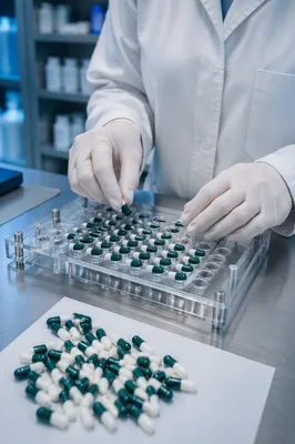 Pharmacy Technician Preparing Green Medicine Capsules