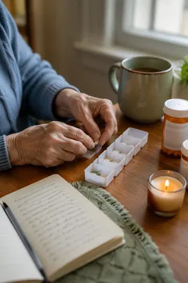 Prayerful Morning Pill Organizer on Kitchen Table