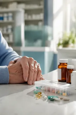 Older Hands Beside Weekly Pill Organizer