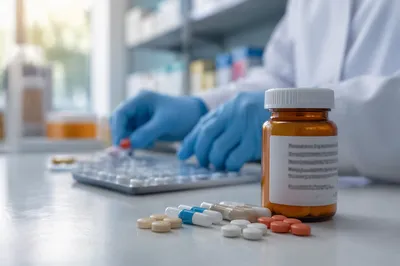 Medicine Capsules on Modern Pharmacy Counter