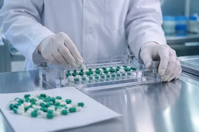 Pharmacy Technician Preparing Green Capsules