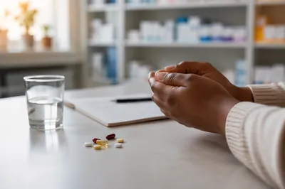 Hopeful Prayer Beside Medicine on Pharmacy Counter
