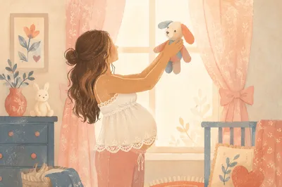 Pregnant Woman by Window with Baby Toy