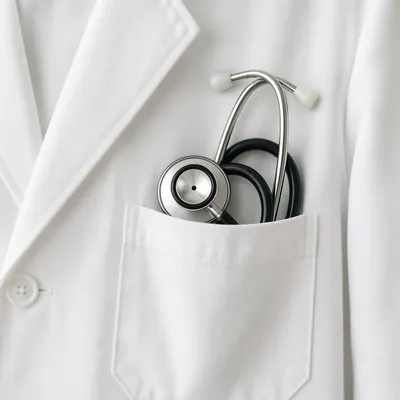 Stethoscope in White Coat Pocket Close-Up