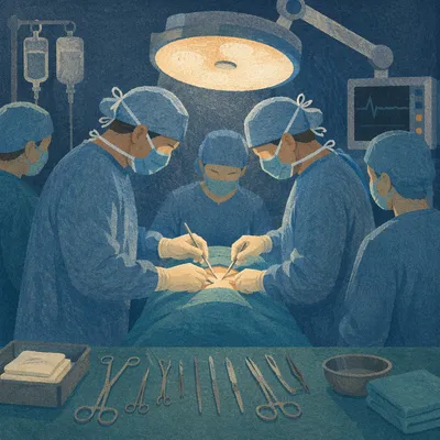 Medical Team Performing Surgery Under Lamp