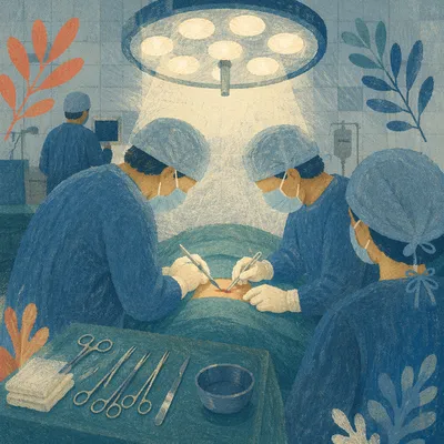 Focused Surgical Team Under Operating Lamp