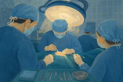 Focused Surgical Team Under Operating Lamp