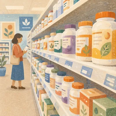 Pharmacy Vitamin Supplements Shelf Perspective