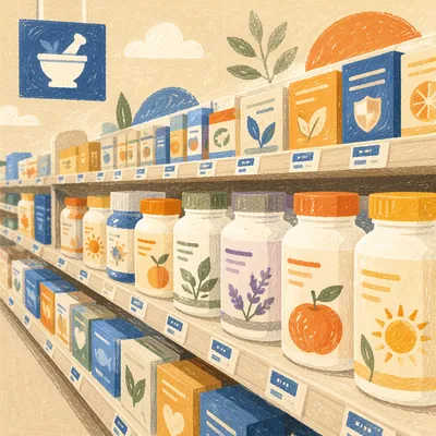 Pharmacy Vitamin Supplements on Store Shelves