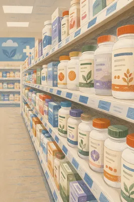 Pharmacy Supplement Aisle with Vitamin Bottles