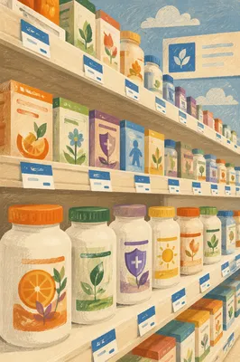 Pharmacy Vitamin Supplements on Cream Shelves