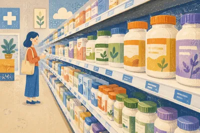 Pharmacy Supplement Aisle with Vitamin Bottles