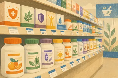 Pharmacy Supplement Shelf in Bright Retail Aisle