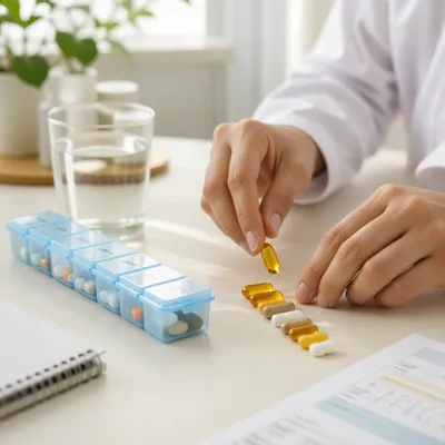 Vitamin Pills and Weekly Organizer Still Life