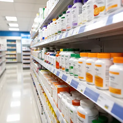Pharmacy Supplement Aisle with Vitamin Bottles