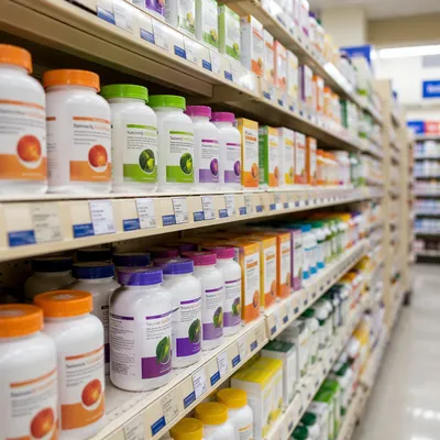 Pharmacy Supplement Aisle With Vitamin Bottles