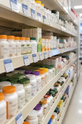 Pharmacy Vitamin Supplement Aisle Closeup
