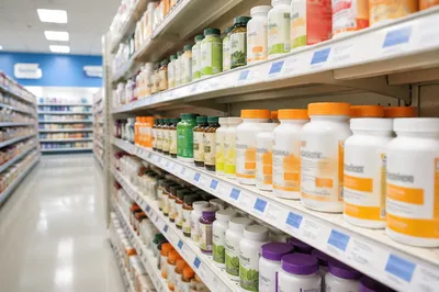 Pharmacy Supplement Aisle with Vitamin Bottles