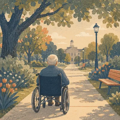 Elderly Wheelchair User in Sunlit Garden