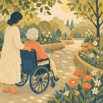 Elderly Wheelchair Garden Walk in Morning Sunshine