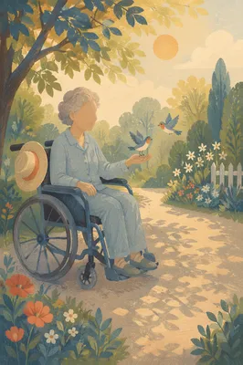 Elderly Wheelchair Garden Sunshine Hopeful Scene
