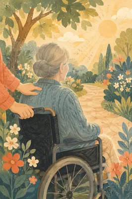 Elderly Wheelchair Garden Morning Care Scene