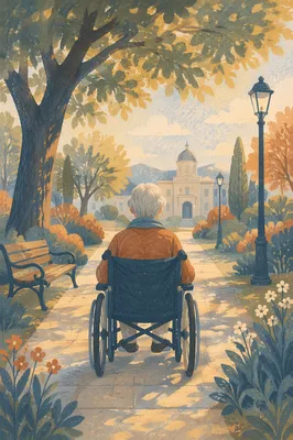 Elderly Wheelchair Journey in Sunny Garden