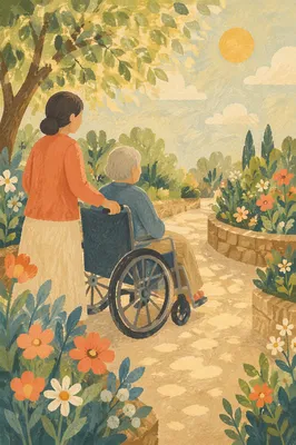 Elderly Wheelchair Garden Morning Care Scene