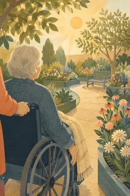 Elderly Wheelchair User in Sunlit Garden