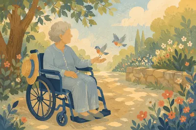 Elderly Wheelchair Garden Sunshine Comfort Scene