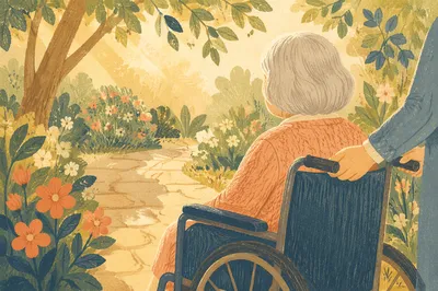 Hopeful Elderly Wheelchair Garden Morning Scene