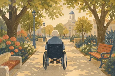 Elderly Wheelchair User in Sunny Garden Path