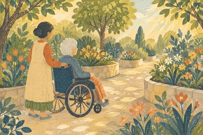 Elderly Wheelchair Garden Walk in Morning Light