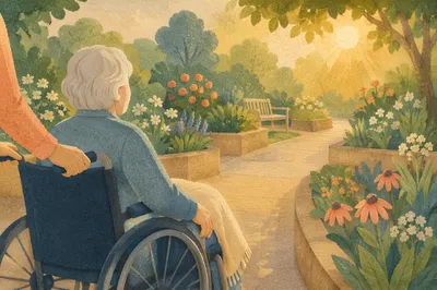 Elderly Wheelchair Garden Morning Sunshine Scene