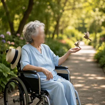 Elderly Wheelchair User in Sunlit Garden