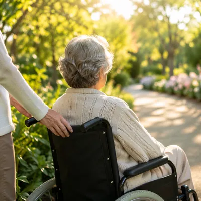 Elderly Wheelchair User in Sunlit Garden