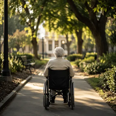 Elderly Wheelchair User in Sunlit Garden