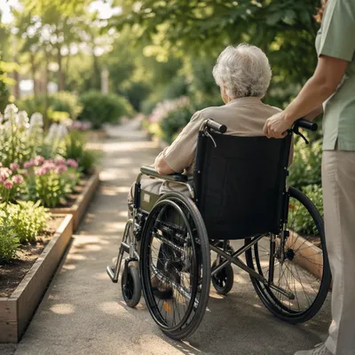 Elderly Wheelchair Garden Walk in Morning Light