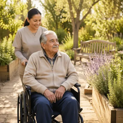 Hopeful Elderly Man in Garden Wheelchair