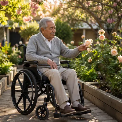Elderly Man in Wheelchair Garden Sunrise