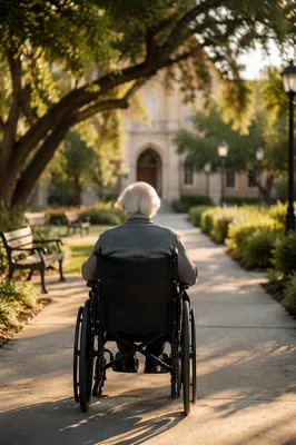 Elderly Wheelchair User in Sunny Garden Path