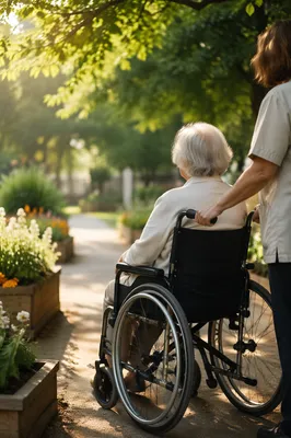 Elderly Wheelchair Garden Walk in Morning Light