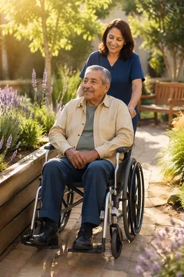 Elderly Man in Garden Wheelchair Morning
