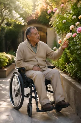 Elderly Man in Wheelchair Garden Path