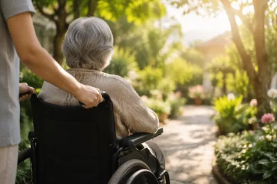 Elderly Wheelchair Garden Morning Care Scene