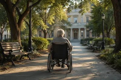 Elderly Wheelchair Walk in Sunny Garden