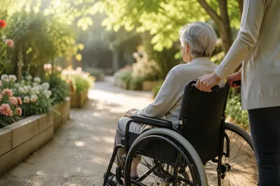 Elderly Wheelchair Garden Walk in Morning Light
