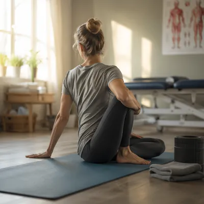 Peaceful Physical Therapy Stretching on Yoga Mat