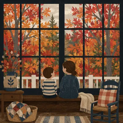 Autumn Woodland View Through Dark Windows